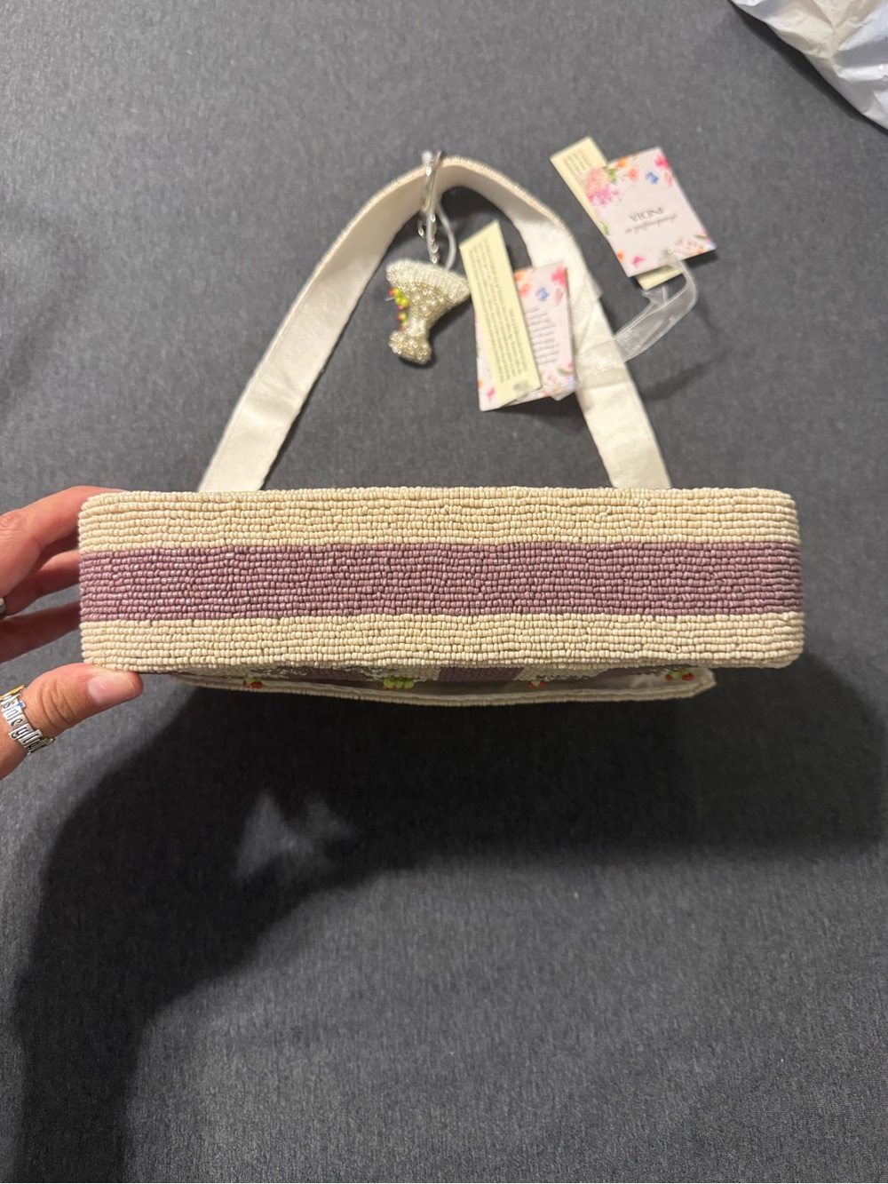 T.J.Maxx Beaded Martini Stripe Shoulder Bag in Cream and Mauve - Picture 3 of 5